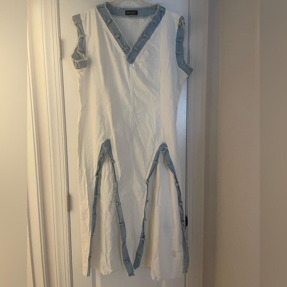 NWT Loragal White Sleeveless V-Neck Maxi Top Dress lined with Denim 3X